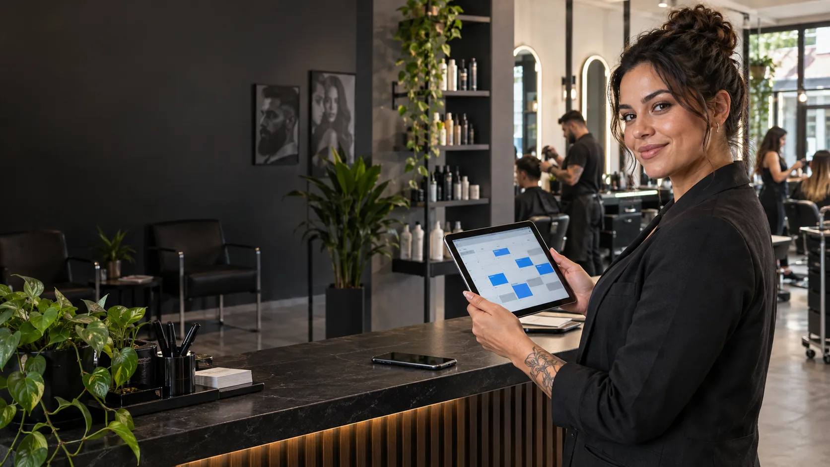 Gestora de um salão acompanhando a agenda de atendimentos em um tablet